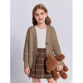 Imily Bela Girls Sweaters Kids Open Front Button Down Knit Cardigans with Pockets Khaki