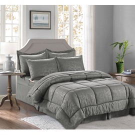 Elegant Comfort Luxury Best, Softest, Coziest 8-Piece Bed-in-a-Bag Comforter Set Silky Soft Bamboo Pattern Complete Set Includes Bed Sheet Set with Double Sided Storage Pockets, Full/Queen, Gray