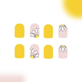 24Pcs Yellow Press on Nails Spring Summer Fake Nails Short Square False Nails with Cute Sunflower Design Full Cover Glossy Stick on Nails Reusable Acrylic Nails for Women Girls Spring Summer Nail Art
