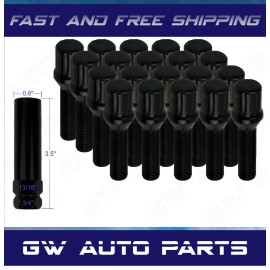 BWA 20 PCs Black M12x1.25 Spline Drive Conical Seat Lug Bolts 1.1 Inch/28mm With Key