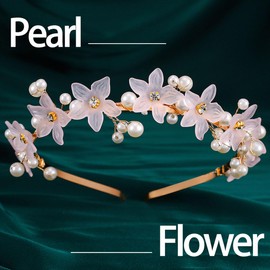 Fdesigner Flower Headband Pearls Rhinestones Head Bands Floral Bride Weeding Party Hair Accessories for Women (Pink)