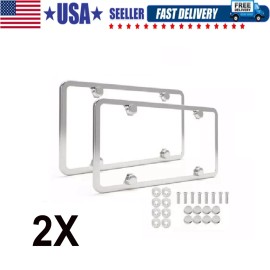 BLVD 2Pcs Chrome Stainless Steel Metal License Plate Frame Tag Cover With Screw Caps
