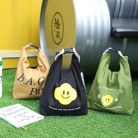 XINGNIAO Japanese Bento Bag, Stylish Smiley Face Canvas Insulated Lunch Tote with Handle and Buckle Roll-up Lunch Bag