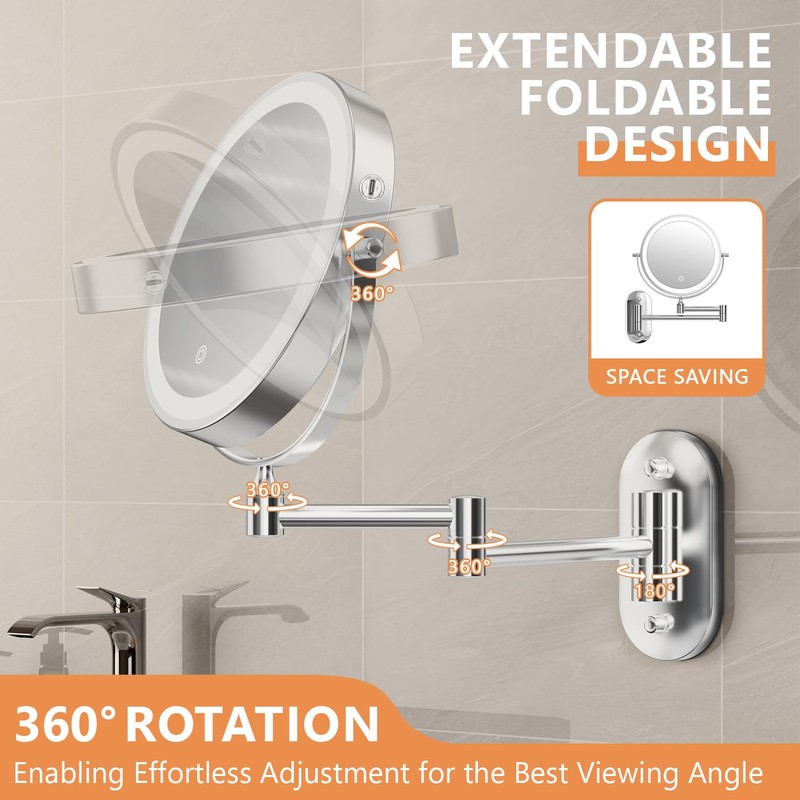 Auxmir 1X/30X Wall Mounted Makeup Mirror with Light, 8" Rechargeable