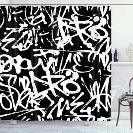 Emvency White Graffiti Shower Curtain Print Abstract Tags Letters Without Meaning Hand Drawing Street Retro Old School Black Polyester Fabric Bathroom Curtain 72x72 Set with Hooks