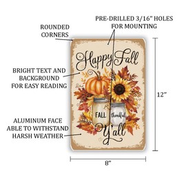 "Happy Fall Y'all" Rustic Mason Jar And Sunflower Metal Sign – Autumn Fall Decor With Pumpkins And Fall Leaves – 8"x 12" Seasonal Wall Art For Home Or Porch