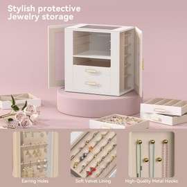 Jewelry Boxes for Women, 6 Layer Jewelry Organizer with Glass Lids, Jewelry Holder Organizer with 5 Drawers and 2 Glass Doors for Jewelry Storage, Big Jewelry Box for Womens Gift (White)