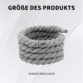Rope Laces, Thick Shoelaces, Round, Chunky Laces, Cotton Rope, Cotton Cord, for Replacement Rope Laces Air Force 1, Shoe Laces 8 mm (150 cm), DIY Shoelaces, Tear-Resistant Tying Shoelaces, gray