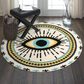 HAOCOO Blue Evil Eye Round Area Rug 3ft,Super Soft Velvet Vintage Non-Slip Boho Rug,Washable Creative Tribal Style Bedroom Rug Floor Carpet for Bathroom Door Mat Living Room Nursery Home Decor