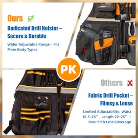 Electrician Tool Vest for Men, Tool Vest Electrician with Molded Drill Holster, 1680D Heavy Duty Adjustable Work Vest, Reflective Workwear with 16 Storage Spaces, Fits Chest 37"–64", Orange
