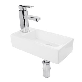 QUXIJA Ceramic Liberty Wall Mount Sink, Rectangle Small Bathroom Sink,Classic Look and Save Space,Right/Left Hand (Left Hand)