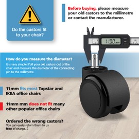 RAVN HAMAN Set of 5 Office chair wheels 11 mm x 22 mm - - Hard floor castors up to 175 kg - - Abrasion resistant swivel chair castors - - Easy installation without tools