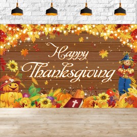 Large Thanksgiving Banner Decorations, Happy Thanksgiving Backdrop, with Scarecrow Maple Leaf Pumpkin Decorations, for Indoor Outdoor Party Supplies, Photo Booths, Home Decor, Autumn Harvest Party