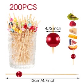 200Pcs Colorful Cocktail Picks, Fancy Toothpicks for Appetizers picks 4.7inch Skewers for Appetizers Pearl Long Toothpicks Charcuterie Accessories for Drinks, Fruits, Sandwich, Party Food Decor
