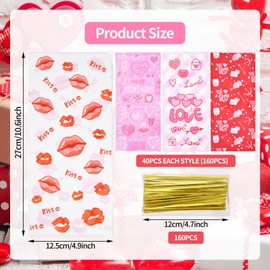160 bolsas de caramelo de celofán con lazos giratorios, diseños de corazón de amor y besos, bolsas transparentes para niños, regalos románticos, recuerdos de fiesta y decoraciones de botanas dulces