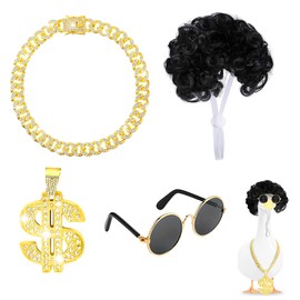 4PCS 80s/90s Porch Hip-Hop Goose Outfit for 23" & 17" Lawn Goose, Oversized Dollar Sign Chain Collar and Sunglasses & Afro Wig for Outdoor Garden Patio Yard Decoration