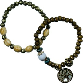 Beaded Bracelet Set, 2 piece Tree of Life Charm, Wooden Beads with Gold-Tone Accents