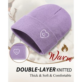 XMMAXFLOW Beanie for Women Men Winter Knit Hats Soft Warm Cuffed Beanie with Smile Face, Light Purple