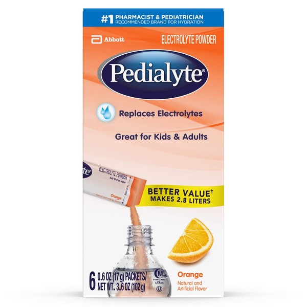 Pedialyte Electrolyte Powder, Electrolyte Drink, Orange, Powder Sticks, .6 Ounce, 3.6 Ounce (Pack of 1)
