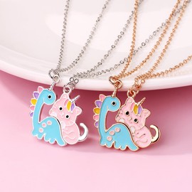 BFF Magnetic Necklace, Friendship Dinosaur Cat Pendant Necklaces, Best Friends Matching Necklaces, Best Friends Friendship Gifts for Children, Brother, Sisters, Friends, Pack of 2, Zinc, No Gemstone