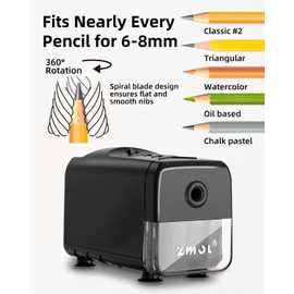 Zmol Electric Pencil Sharpener, Heavy Duty Pencil Sharpener for Coloured Pencils, Auto Stop UL Listed Professional Sharpeners, Super Sharp & Fast, Pen Sharpener Plug in for 6.5-8 mm No. 2