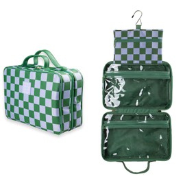 Tender Love + Carry Green Gambit Checkered Hanging Travel Bag, Toiletry Bag, Makeup Bag for Women, Portable Water-resistant Small Travel Bag for Toiletries & Cosmetic Essentials