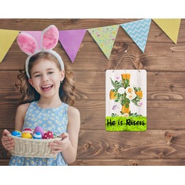 WhatSign He is Risen Easter Door Decoration Sign Christian He is Risen Door Sign Farmhouse Easter Cross He is Risen Religious Easter Door Wreath for Home Front Door Wall Proch Easter Spring Decoration