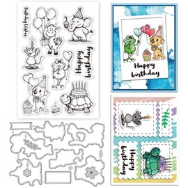 GLOBLELAND Birthday Animals Clear Stamps and Dogs Elephants Turtles Animals Frame Cutting Dies Set for DIY Scrapbooking Cards Making Decorative Photo Album Notebook