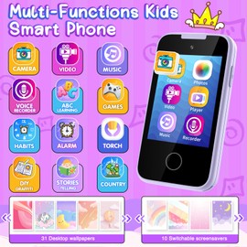Kids Smart Phone Toy for 3 4 5 6 Year Old, Touchscreen Kids Phone Dual Camera with Music Flashlight Games Alarm Alphabet Learning Toys Christmas Birthday Gifts for Girls Ages 3-6 with SD Card Purple