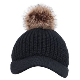 Arctic Paw Kids Cable Knit Beanie with Faux Fur Pompom and Brim Shade