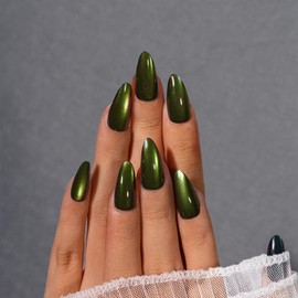 KQueenest Neon Green Cat Eye Press on Nails Almond Medium, Bling Black False Nails with Glue, Glazed Sparkly Fake Nails Press ons, Reusable Soft Gel Stick on Nail for Women Gothic Decoration, 30 Pcs