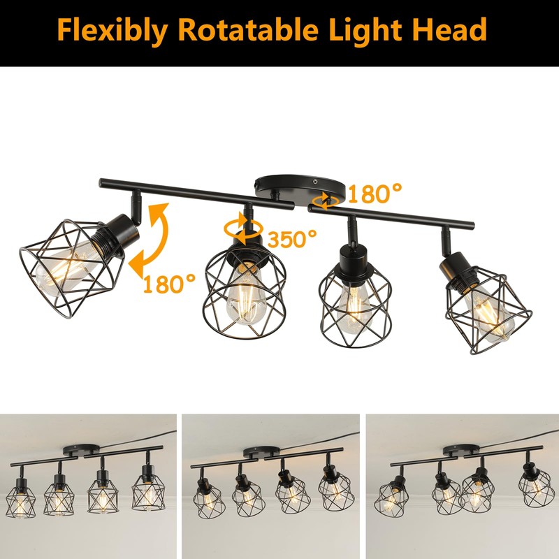 vivihobb Dimmable 4 Light Plug in Ceiling Light,Black Plug in