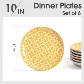 Metahom 10" Ceramic Dinner Plates, Porcelain Dessert Salad Plate Set, Colorful Serving Dishes for Pasta, Pancakes, Steak, Set of 6, Dishwasher & Microwave Safe