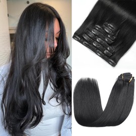 Extensiones de cabello con clip, cabello humano real, extensiones de cabello con clip, cabello humano real, negro natural, 7 piezas, liso, extensiones de cabello humano Remy suave de primera calidad