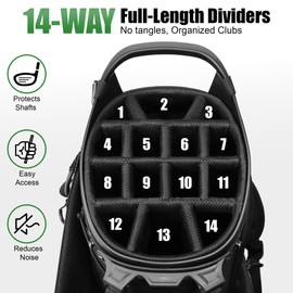 Beutyal 14 Way Full Length Dividers Golf Stand Bag, Lightweight Golf Bag with Stand for Men and Women Golf Club Carry Bag with Dual Strap & Rain Cover, Black
