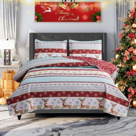 Jarson Christmas Quilt Set King Size 3-Piece Xmas Bedspread Coverlet with Reindeer Pattern for New Year Bed Decor, Lightweight Soft Comforter Bedding Cover for All Season(1 Quilt + 2 Pillow Shams)
