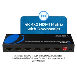 OREI 4K HDMI Matrix Switch with Downscaler & ARC – 4x2 HDMI Matrix Switch 4K, HDMI 2.0, HDCP 2.2, 18Gbps, 4K@60Hz HDR, Dual Audio Extraction (Optical & 3.5mm), IR Remote (UHD-402D)