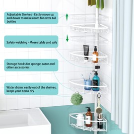 Kadolina Corner Shower Caddy Tension Pole, 4 Tier Shower Basket Shelves, 53-120 inch Adjustable Height Bathroom Storage Rack, Bathroom Bathtub Shampoo Holder Organizer Accessories (White)