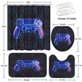 Arttown Game Bathroom Set with Shower Curtain and Rugs and Accessories, Blue Kids Gamepad Gaming Honeycomb Shower Curtains, Modern Art Bathroom Decor 4 Pcs