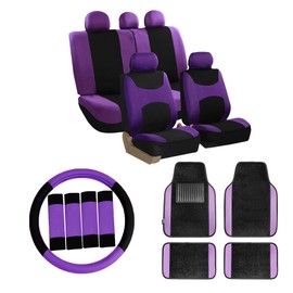 FH Group Car Seat Covers Combo Full Set with Carpet Floor mats Steering Wheel Cover and Seat Belt Pads- Universal Fit for Cars Trucks and SUVs Purple