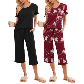 Ekouaer 2 Pack: Women's Set Short Sleeve Pj Top Capri Pants - Pajamas Sets Lounge & Sleepwear Set Black/Wine Flower,Small