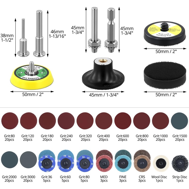 QWORK® 270 Pack 2 Inch Variety Sanding Discs Kit for
