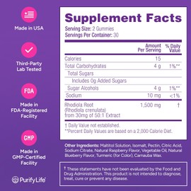 Rhodiola Rosea Gummies – 1500mg per Serving, Sugar-Free, Vegan, Non-GMO for Mood, Energy & Daily Wellness, 60 Chews