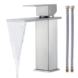 KES Bathroom Sink Faucet Single Handle, Waterfall Bathroom Faucet with Supply Lines, Single Hole Bathroom Faucet SUS304 Stainless Steel Brushed Finish, L3158ALF-BS