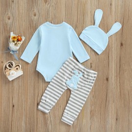 Geagodelia Newborn Infant Baby Boy Girl My 1st First Easter Clothes Set Outfit Long Sleeve Rabbit Romper + Pants + Bunny Ear Hat (Light Blue, 9-12 Months)