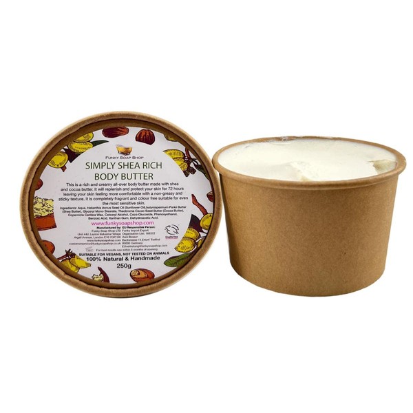 Funky Soap Simple Shea Reich Body Butter, Kraft Tin with 250, 100% Natural & Handmade, Plastic Free
