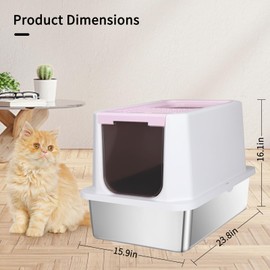 RIZZARI Stainless Steel Cat Litter Box, Semi-Enclosed Litter Box with Raised Edges, Anti-Leakage & Odorless, Large Litter Box for Small to Large Sized Cats (Pink, 23.8" L*15.9" W*16.1" H)