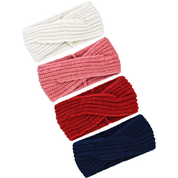 4 Pieces Winter Chunky Knit Headbands Braided Knitted Head Band Ear Warmer Crochet Head Wraps for Women Girls (Pink, Red, Navy Blue, White)