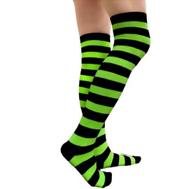 Couver Women Cotton Thigh High Over Knee Socks - Striped Boot Socks & Leg Warmers for Daily, Sports, Cosplay, Black/Lime Green, 1 Pair