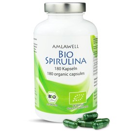 AMLAWELL Organic Spirulina Capsules - 180 Capsules Spirulina Powder (3000 mg per Daily Serving) with Iron, Proteins, Vitamin B12